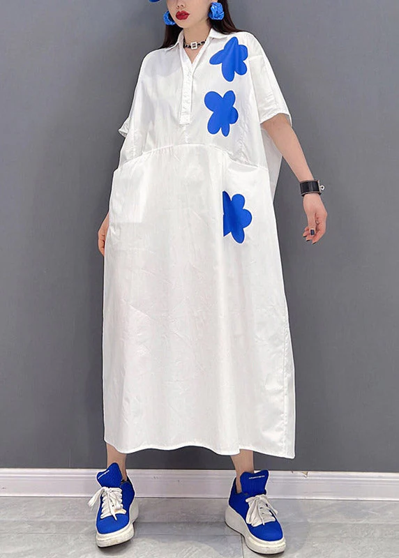Plus Size White Peter Pan Collar Print Long Dresses Short Sleeve - Image 2