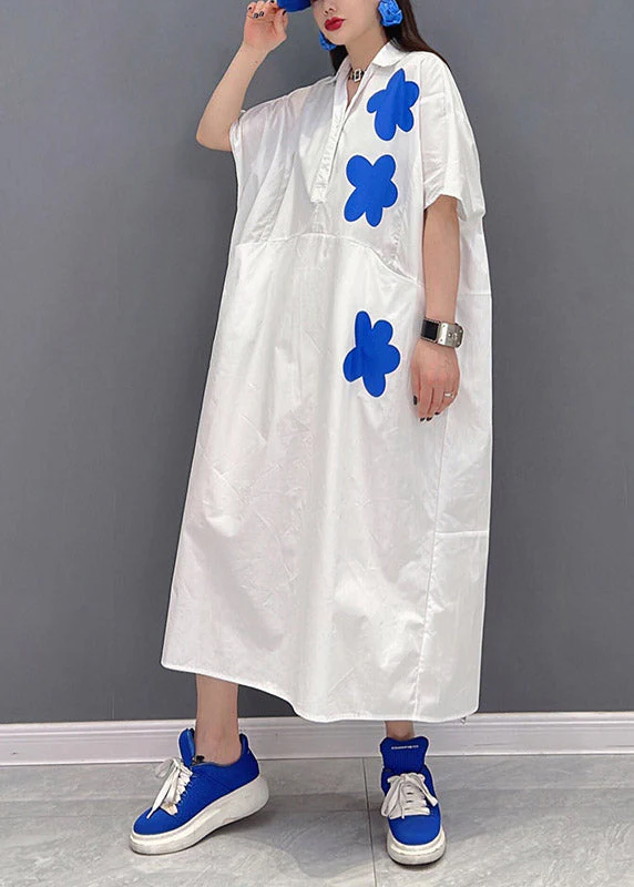 Plus Size White Peter Pan Collar Print Long Dresses Short Sleeve - Image 3