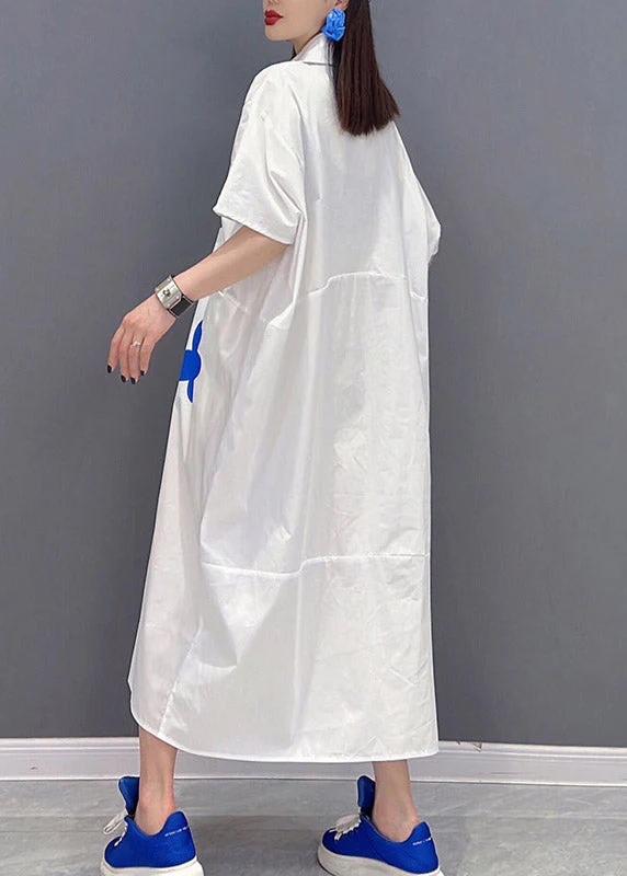 Plus Size White Peter Pan Collar Print Long Dresses Short Sleeve - Image 4