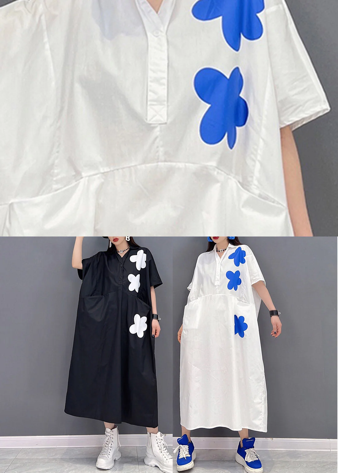 Plus Size White Peter Pan Collar Print Long Dresses Short Sleeve - Image 5