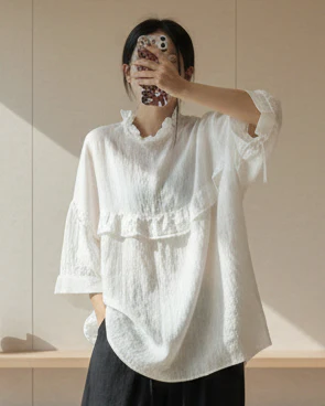 Plus Size White Ruffled Oversized Cotton Blouses Half Sleeve
