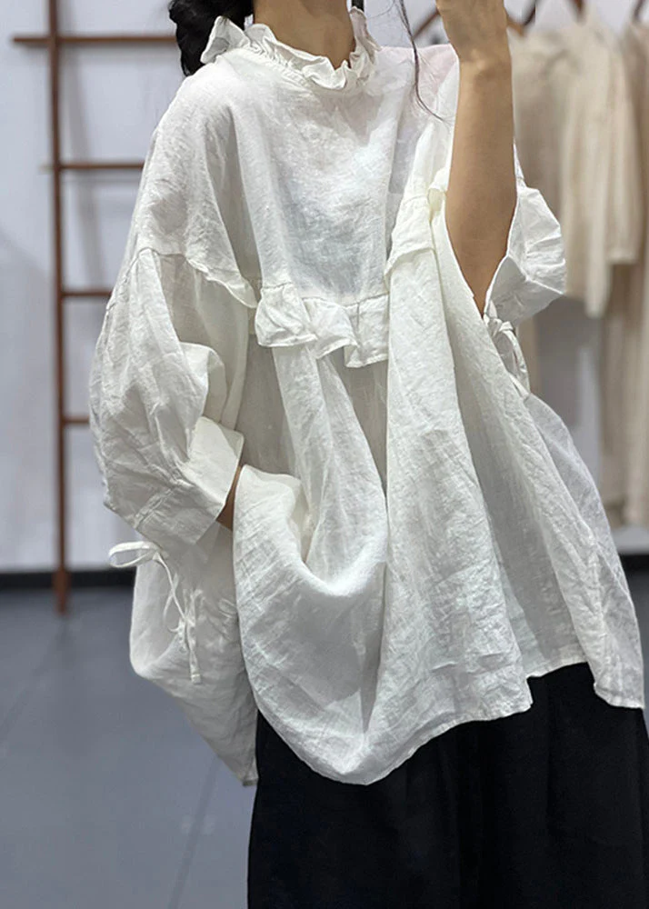 Plus Size White Ruffled Oversized Cotton Blouses Half Sleeve - Image 2
