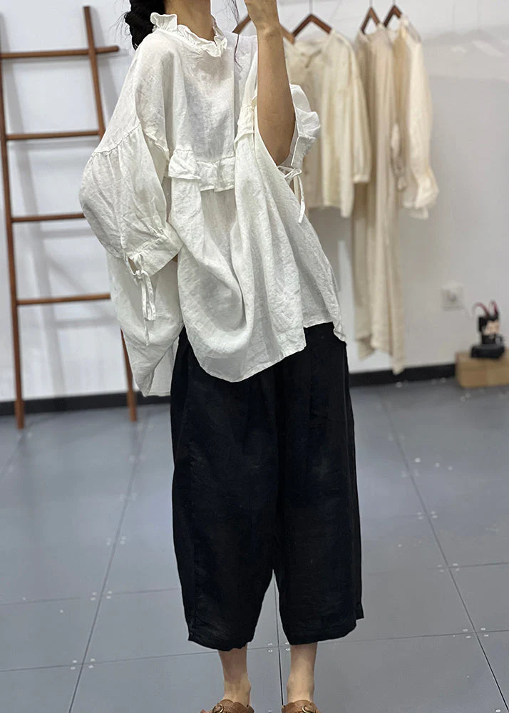 Plus Size White Ruffled Oversized Cotton Blouses Half Sleeve - Image 3