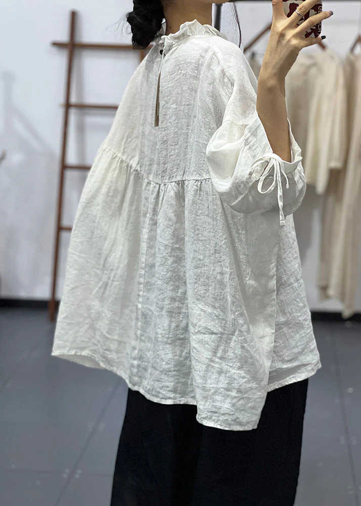 Plus Size White Ruffled Oversized Cotton Blouses Half Sleeve - Image 4
