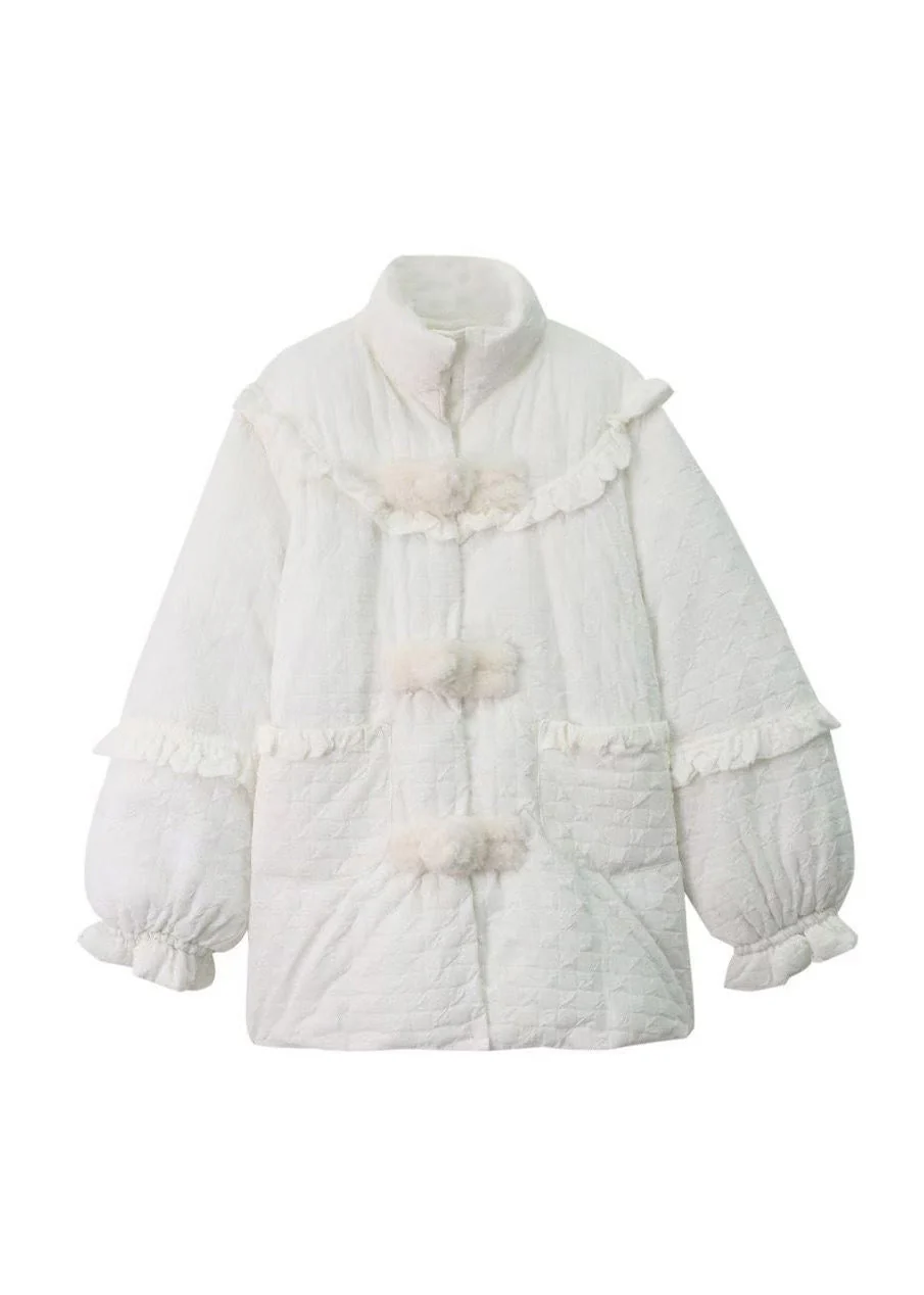 Plus Size White Ruffled Pockets Patchwork Fine Cotton Filled Coats Winter - Image 5