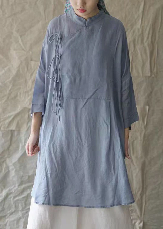 Plus Size White Stand Collar Lace Up Cotton Shirt Dress Bracelet Sleeve - Image 2