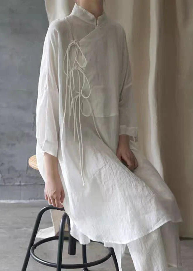 Plus Size White Stand Collar Lace Up Cotton Shirt Dress Bracelet Sleeve - Image 3