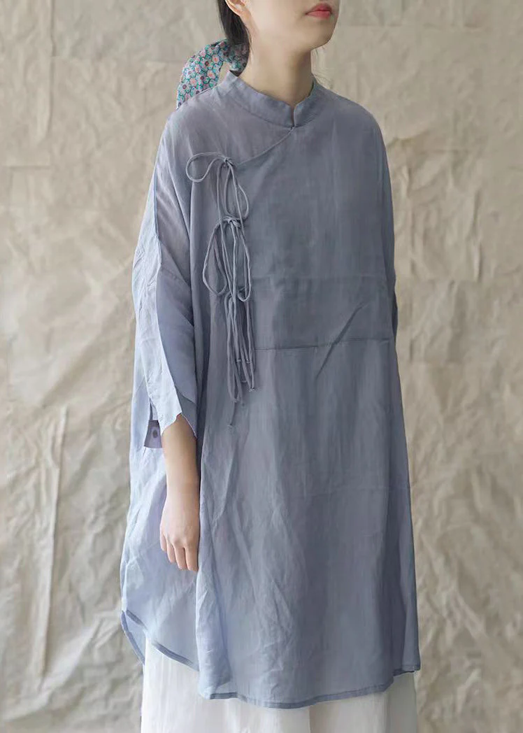 Plus Size White Stand Collar Lace Up Cotton Shirt Dress Bracelet Sleeve - Image 4