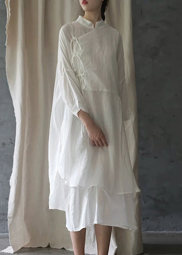 Plus Size White Stand Collar Lace Up Cotton Shirt Dress Bracelet Sleeve - Image 5