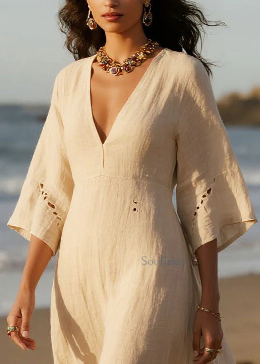 Plus Size White V Neck Hollow Out Cotton Holiday Dress Summer - Image 2