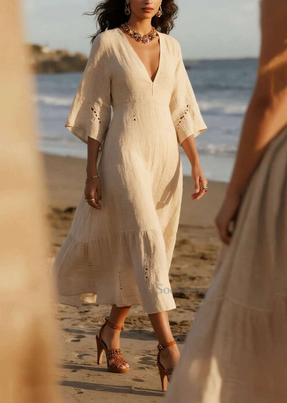 Plus Size White V Neck Hollow Out Cotton Holiday Dress Summer - Image 3