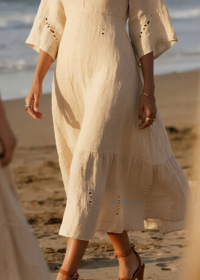 Plus Size White V Neck Hollow Out Cotton Holiday Dress Summer - Image 4