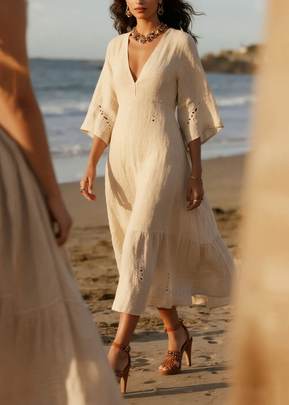 Plus Size White V Neck Hollow Out Cotton Holiday Dress Summer - Image 5