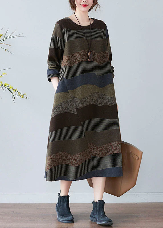Plus Size Women Chocolate O-Neck Print Dress Spring