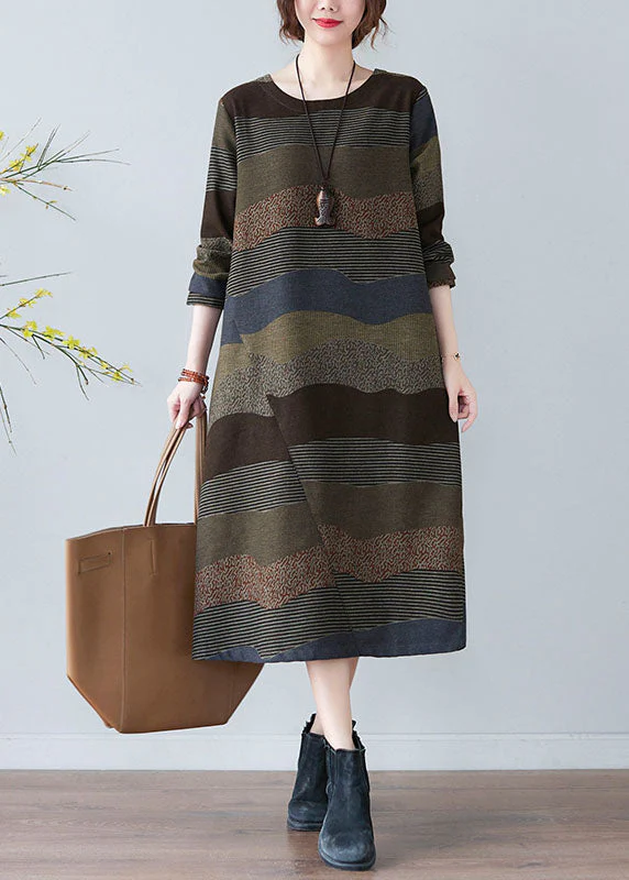 Plus Size Women Chocolate O-Neck Print Dress Spring - Image 2