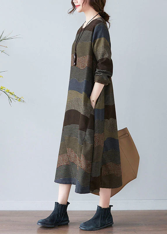 Plus Size Women Chocolate O-Neck Print Dress Spring - Image 3