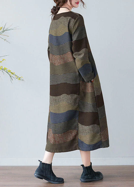 Plus Size Women Chocolate O-Neck Print Dress Spring - Image 4