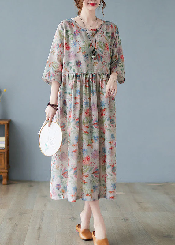 Plus Size Wrinkled Print Exra Large Hem Linen Long Dress Three Quarter Sleeve - Image 2