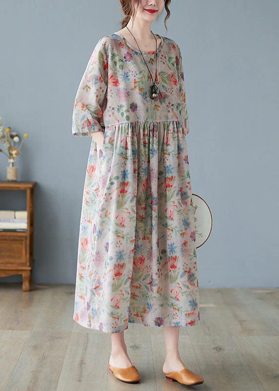 Plus Size Wrinkled Print Exra Large Hem Linen Long Dress Three Quarter Sleeve - Image 3
