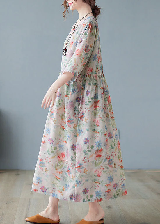 Plus Size Wrinkled Print Exra Large Hem Linen Long Dress Three Quarter Sleeve - Image 4