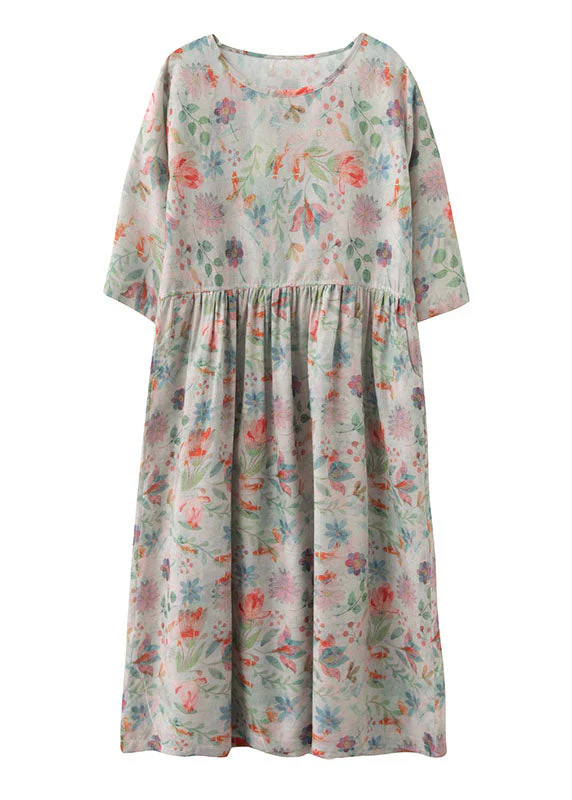 Plus Size Wrinkled Print Exra Large Hem Linen Long Dress Three Quarter Sleeve - Image 5