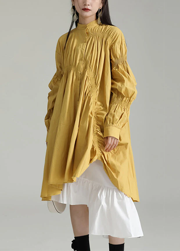 Plus Size Yellow Asymmetrical Patchwork Cotton Shirts Dress Fall - Image 2