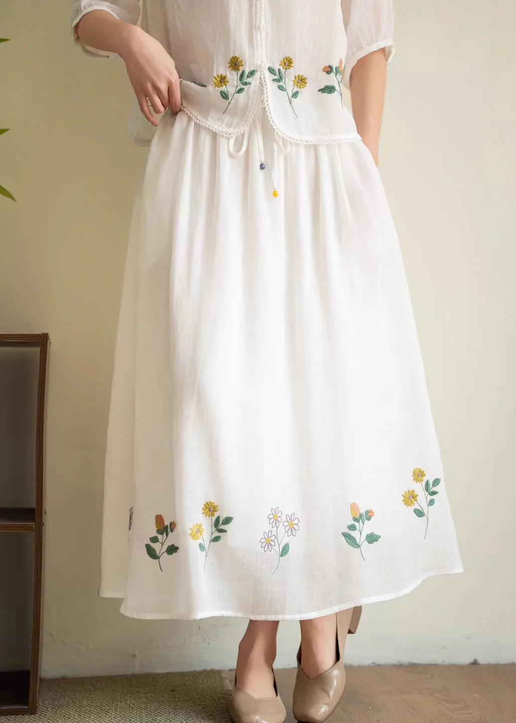Plus Size Yellow Embroidered Elastic Waist Linen Skirt Summer - Image 2