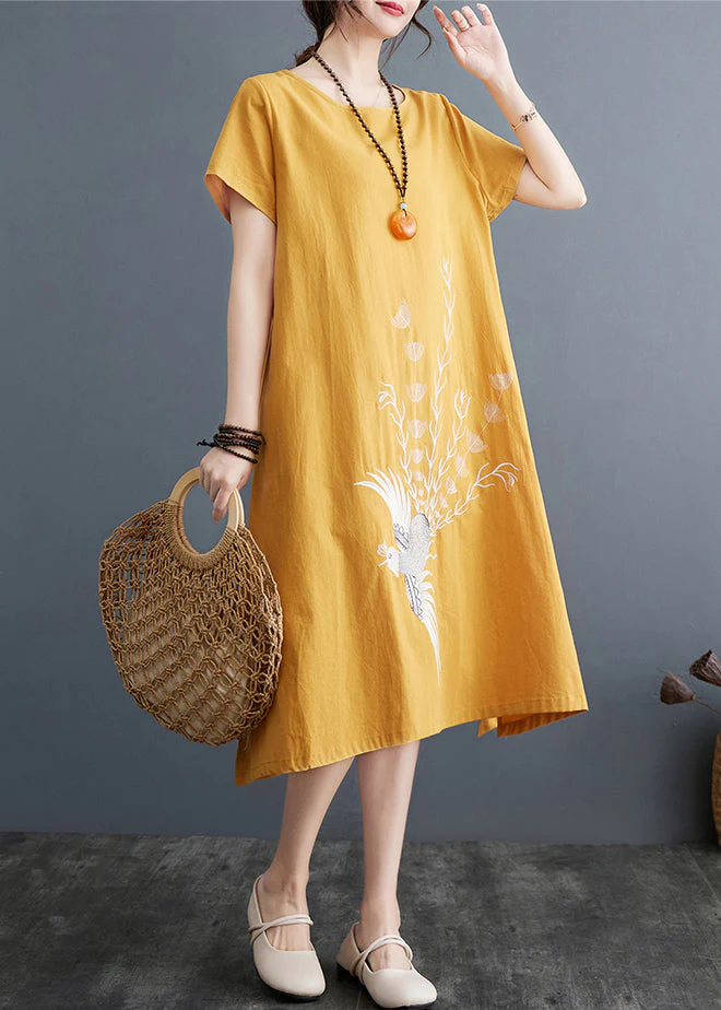 Plus Size Yellow Embroidered Linen A Line Dress Summer - Image 2