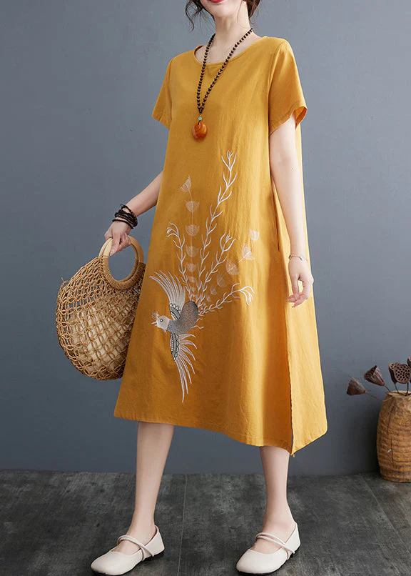 Plus Size Yellow Embroidered Linen A Line Dress Summer - Image 3