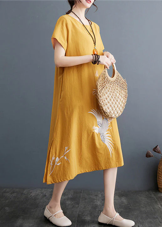 Plus Size Yellow Embroidered Linen A Line Dress Summer - Image 4