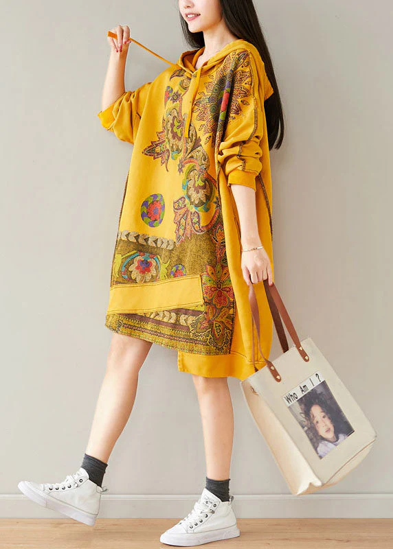 Plus Size Yellow Hooded Asymmetrical Design Patchwork Cotton Mid Dresses Spring - Image 3