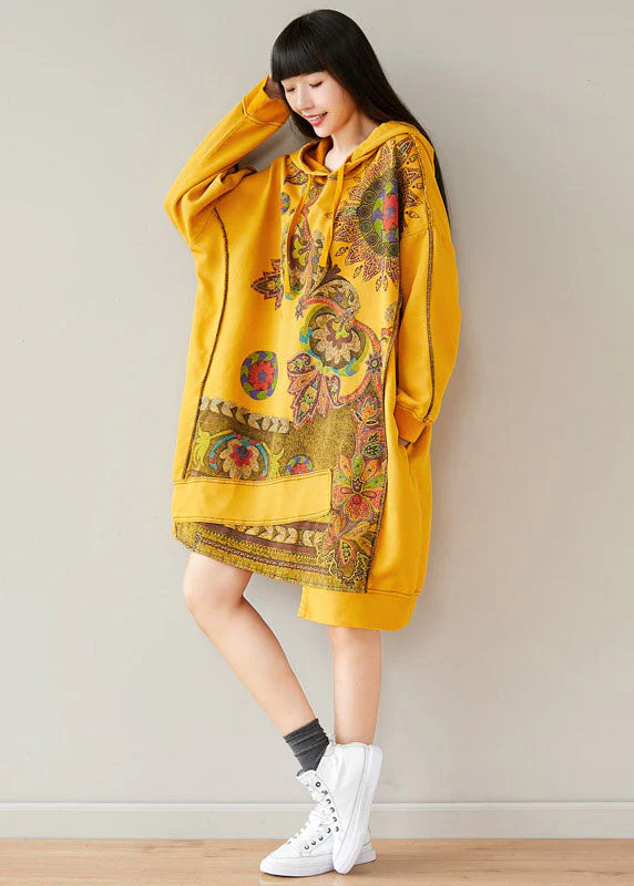 Plus Size Yellow Hooded Asymmetrical Design Patchwork Cotton Mid Dresses Spring - Image 4