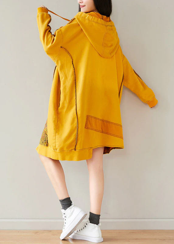 Plus Size Yellow Hooded Asymmetrical Design Patchwork Cotton Mid Dresses Spring - Image 5