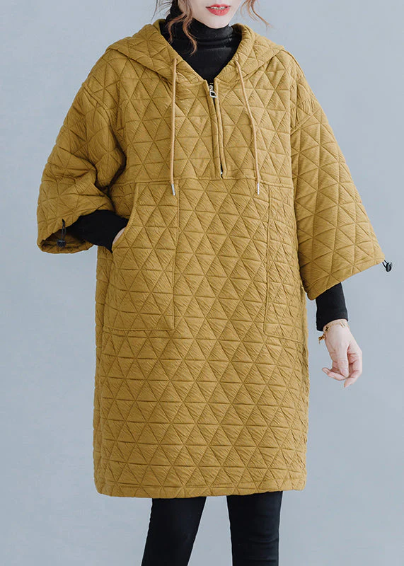 Plus Size Yellow Hooded Drawstring Thick Mid Dress Long Sleeve - Image 2