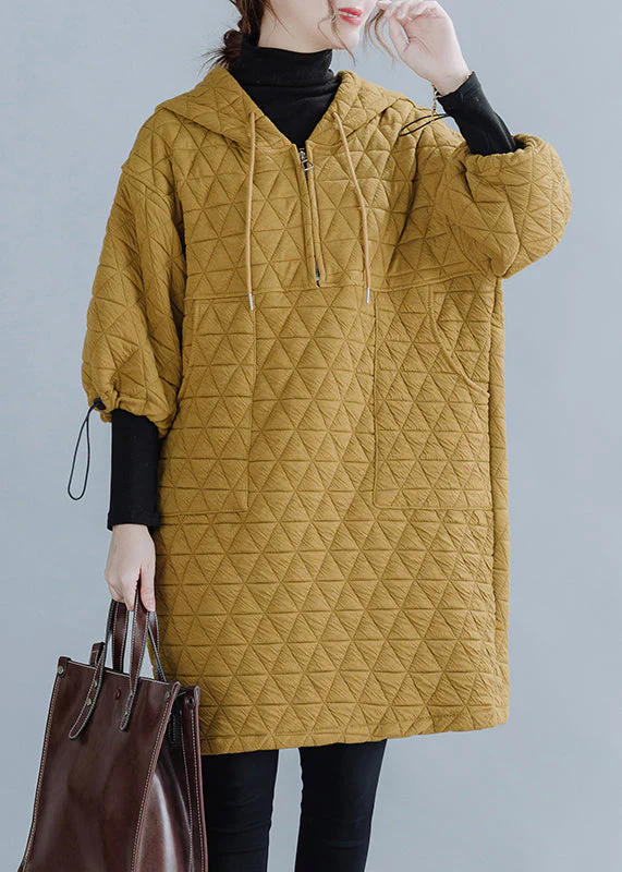Plus Size Yellow Hooded Drawstring Thick Mid Dress Long Sleeve - Image 3