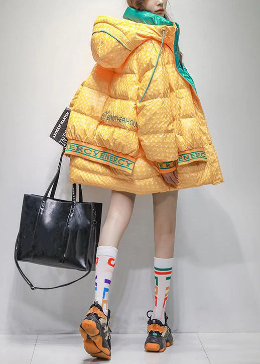 Plus Size Yellow Hooded Letter Patchwork Duck Down Coats Winter - Image 4