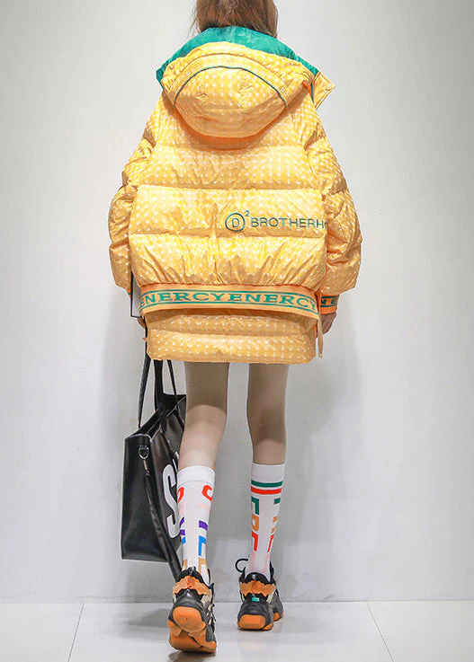 Plus Size Yellow Hooded Letter Patchwork Duck Down Coats Winter - Image 5