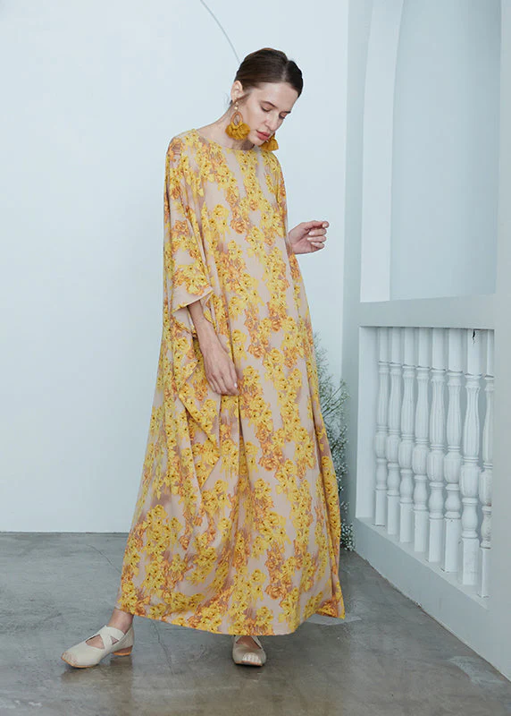 Plus Size Yellow O Neck Print Chiffon Robe Dresses Summer - Image 2