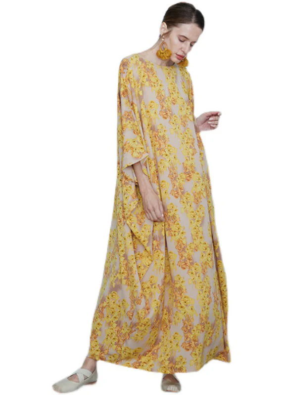 Plus Size Yellow O Neck Print Chiffon Robe Dresses Summer - Image 5