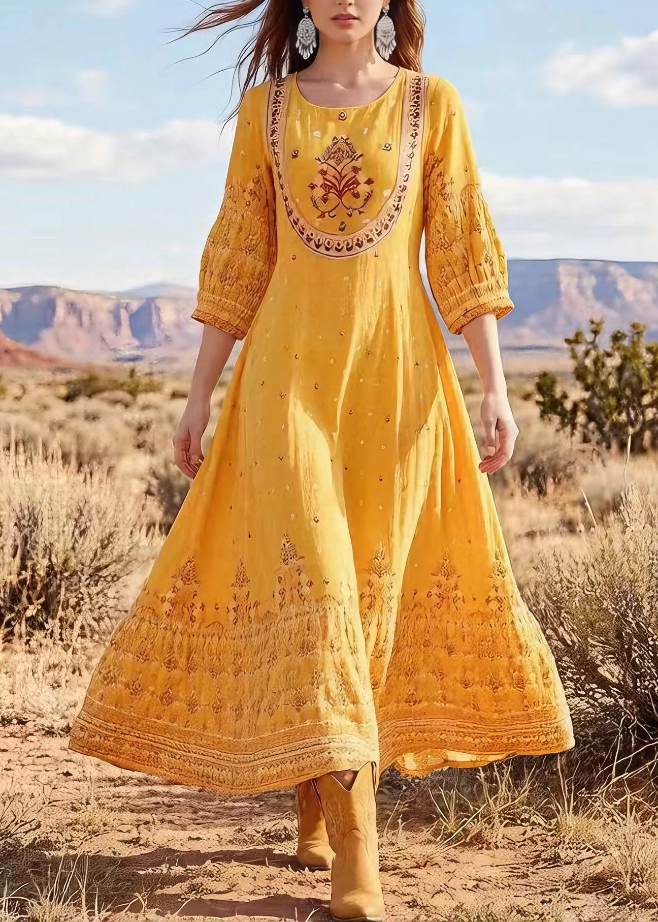 Plus Size Yellow O Neck Print Cotton Long Dress Summer - Image 3