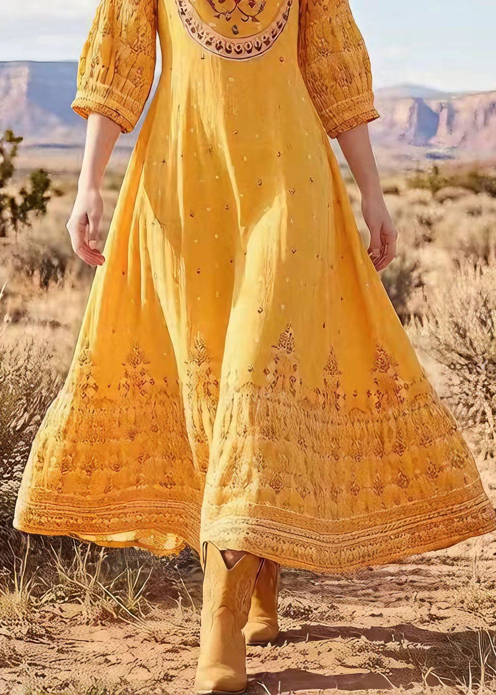 Plus Size Yellow O Neck Print Cotton Long Dress Summer - Image 4