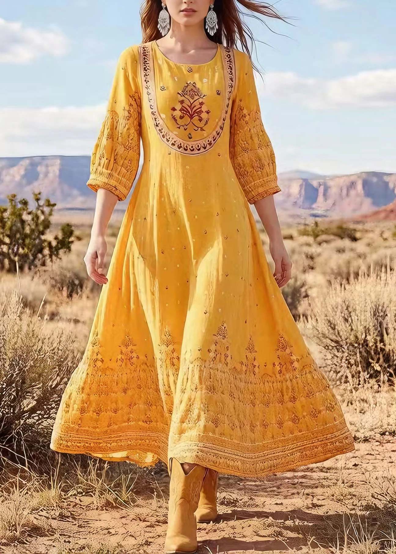 Plus Size Yellow O Neck Print Cotton Long Dress Summer - Image 5