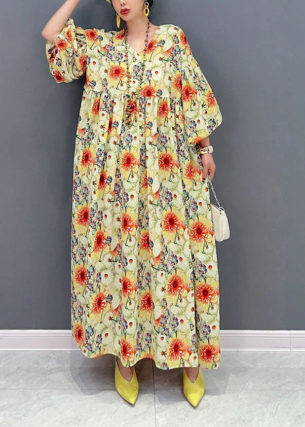 Plus Size Yellow Oversized Floral Print Cotton Robe Dresses Lantern Sleeve - Image 2