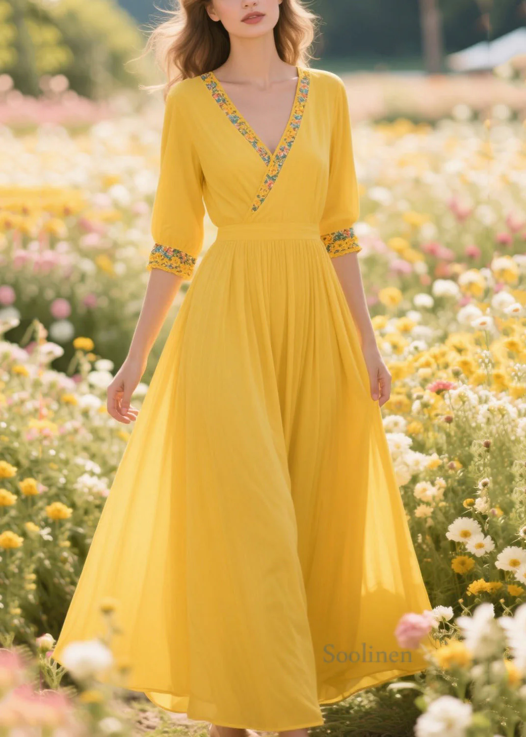 Plus Size Yellow Patchwork Print Chiffon Holiday Dress Summer - Image 3