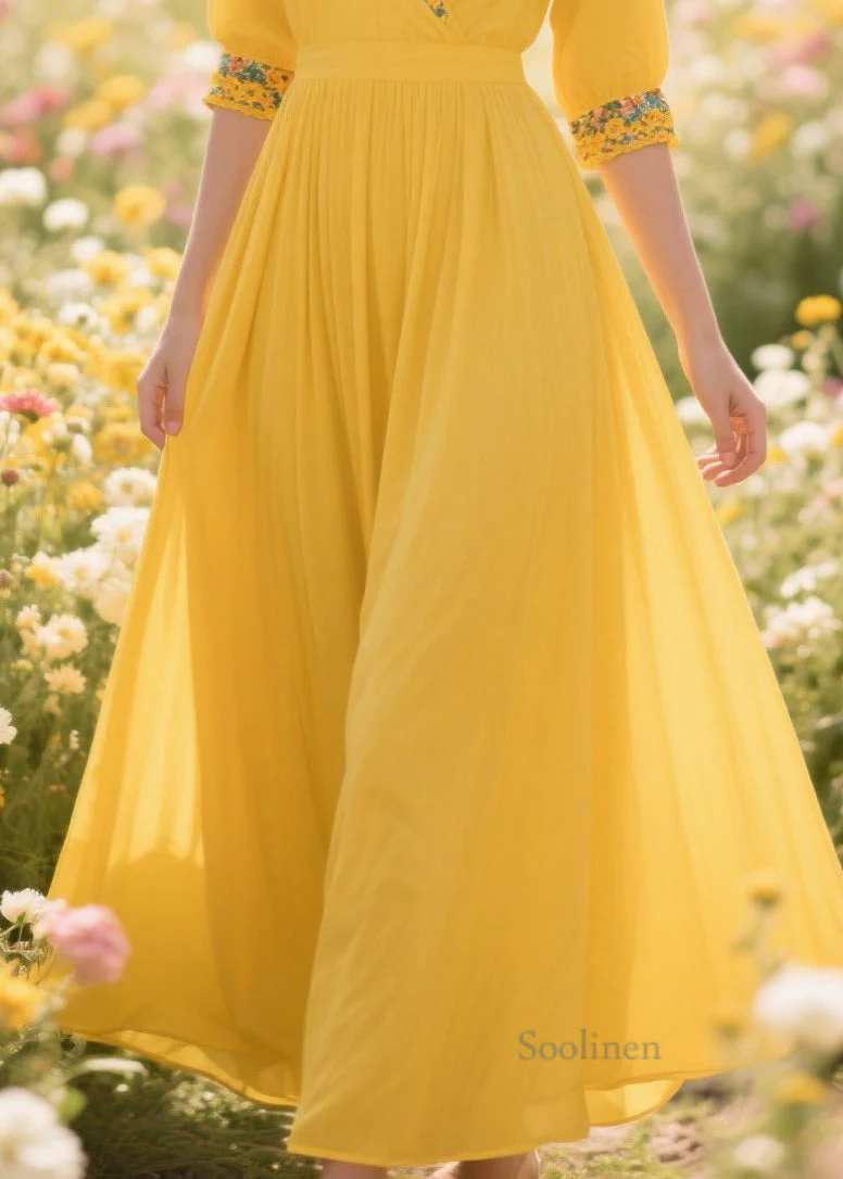 Plus Size Yellow Patchwork Print Chiffon Holiday Dress Summer - Image 4
