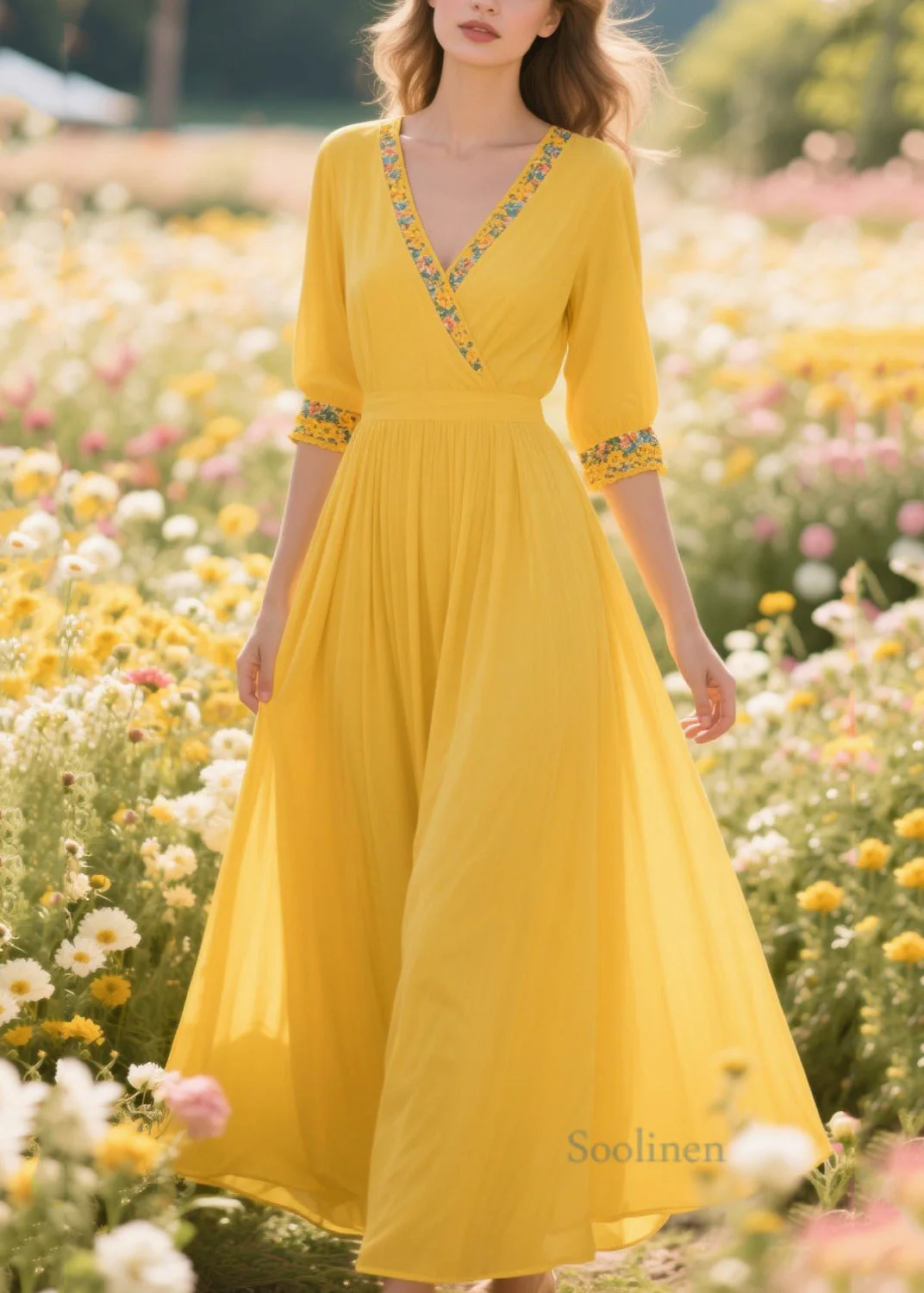 Plus Size Yellow Patchwork Print Chiffon Holiday Dress Summer - Image 5