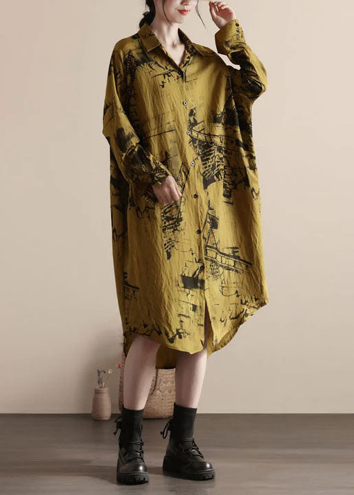 Plus Size Yellow Peter Pan Collar Patchwork Linen Shirts Dresses Spring - Image 2