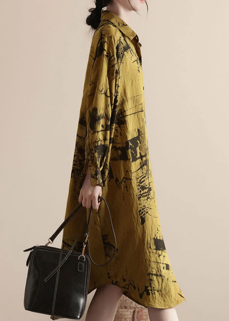 Plus Size Yellow Peter Pan Collar Patchwork Linen Shirts Dresses Spring - Image 3