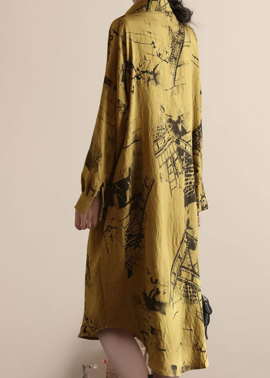 Plus Size Yellow Peter Pan Collar Patchwork Linen Shirts Dresses Spring - Image 4