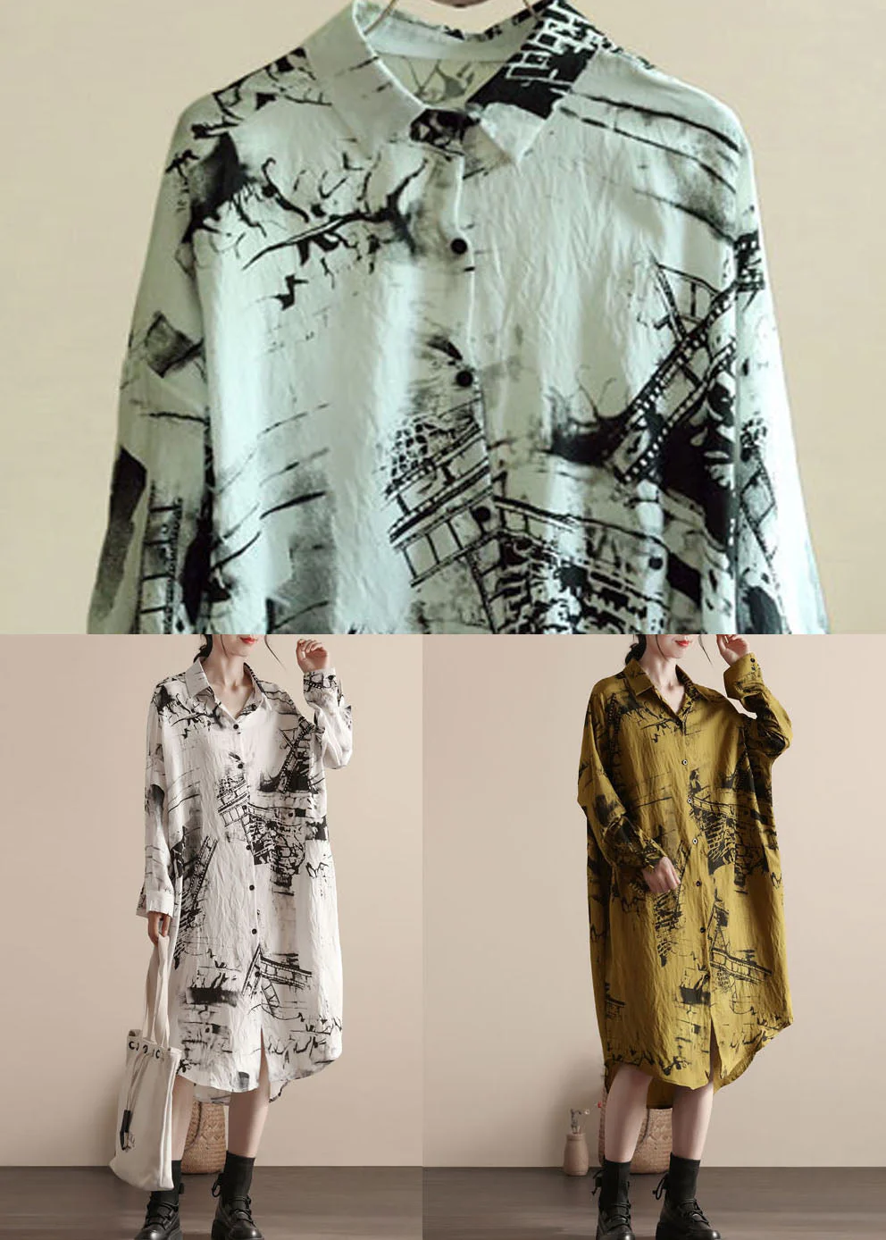 Plus Size Yellow Peter Pan Collar Patchwork Linen Shirts Dresses Spring - Image 5